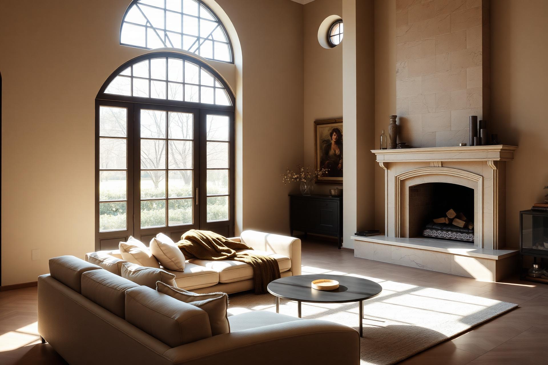 Sun-drenched living room with travertine fireplace